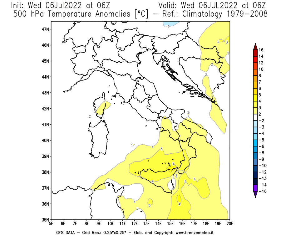 GFS analysi map - Temperature Anomalies [°C] at 500 hPa in Italy
									on 06/07/2022 06 <!--googleoff: index-->UTC<!--googleon: index-->