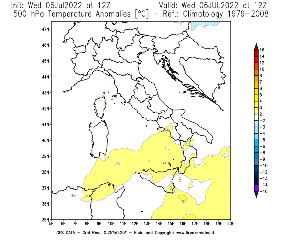 GFS analysi map - Temperature Anomalies [°C] at 500 hPa in Italy
									on 06/07/2022 12 <!--googleoff: index-->UTC<!--googleon: index-->