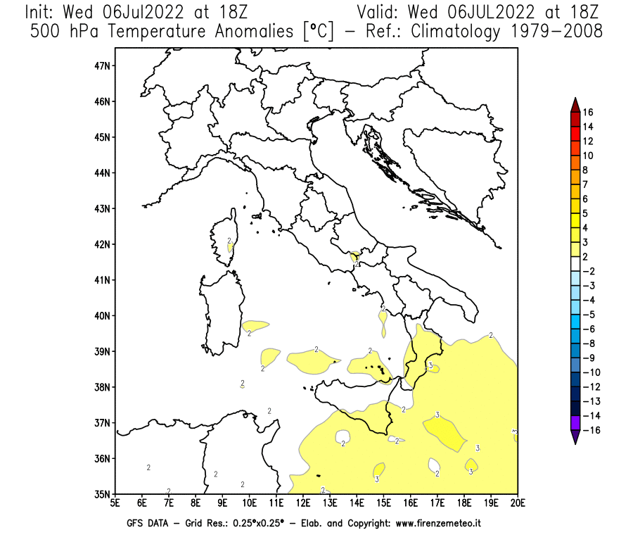 GFS analysi map - Temperature Anomalies [°C] at 500 hPa in Italy
									on 06/07/2022 18 <!--googleoff: index-->UTC<!--googleon: index-->