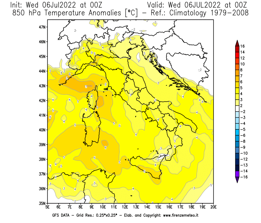 GFS analysi map - Temperature Anomalies [°C] at 850 hPa in Italy
									on 06/07/2022 00 <!--googleoff: index-->UTC<!--googleon: index-->