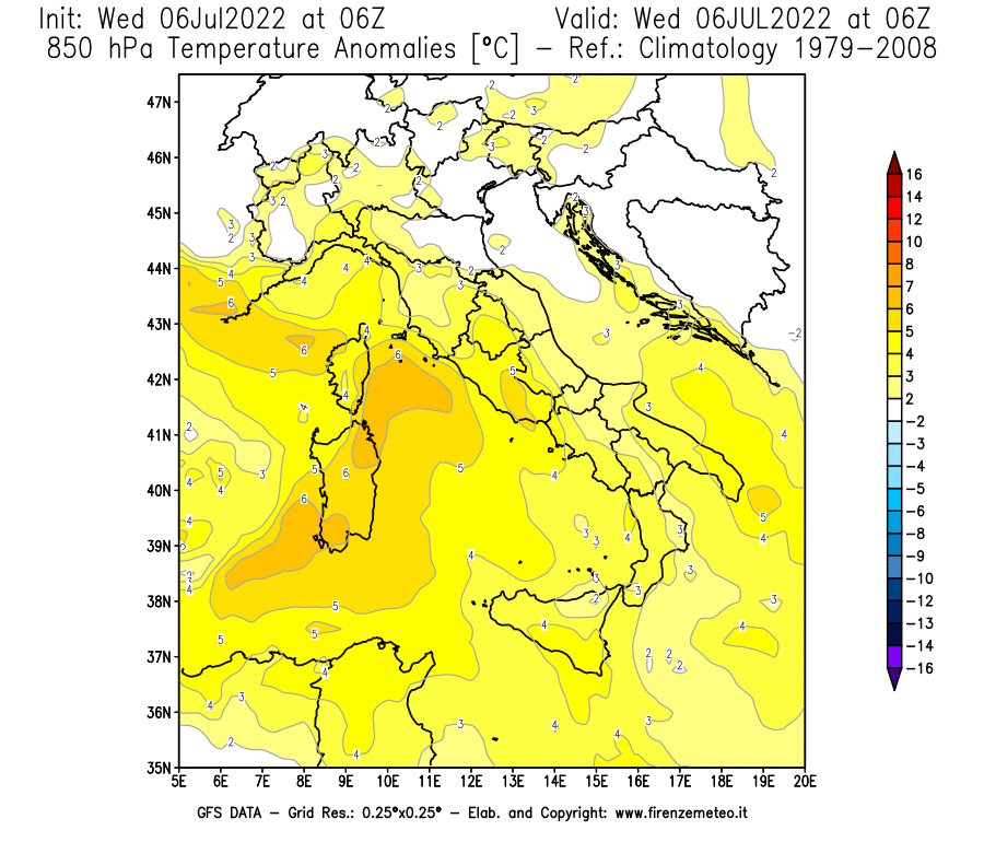 GFS analysi map - Temperature Anomalies [°C] at 850 hPa in Italy
									on 06/07/2022 06 <!--googleoff: index-->UTC<!--googleon: index-->