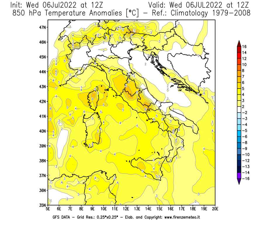 GFS analysi map - Temperature Anomalies [°C] at 850 hPa in Italy
									on 06/07/2022 12 <!--googleoff: index-->UTC<!--googleon: index-->