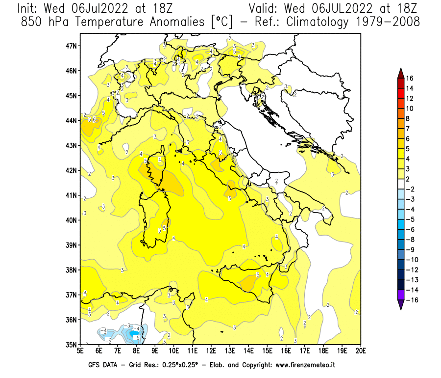 GFS analysi map - Temperature Anomalies [°C] at 850 hPa in Italy
									on 06/07/2022 18 <!--googleoff: index-->UTC<!--googleon: index-->