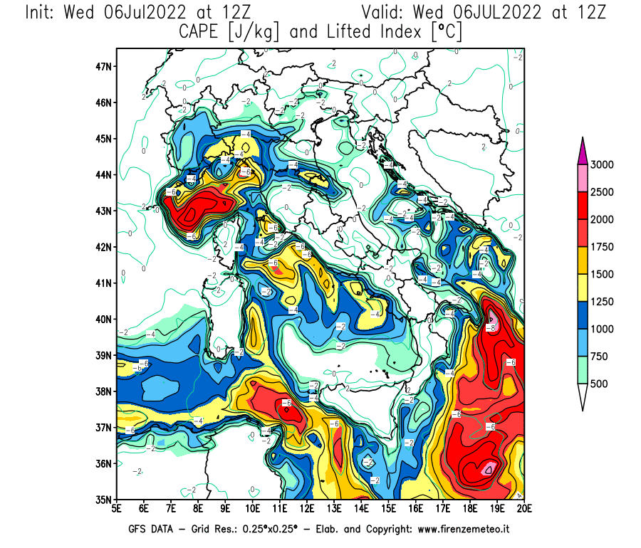 GFS analysi map - CAPE [J/kg] and Lifted Index [°C] in Italy
									on 06/07/2022 12 <!--googleoff: index-->UTC<!--googleon: index-->