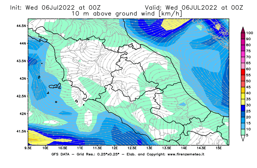 GFS analysi map - Wind Speed at 10 m above ground [km/h] in Central Italy
									on 06/07/2022 00 <!--googleoff: index-->UTC<!--googleon: index-->