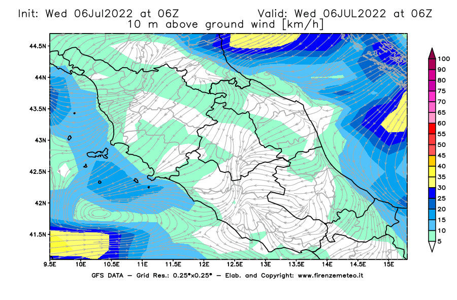 GFS analysi map - Wind Speed at 10 m above ground [km/h] in Central Italy
									on 06/07/2022 06 <!--googleoff: index-->UTC<!--googleon: index-->