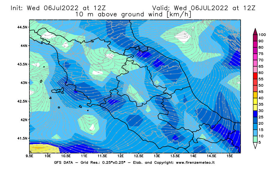 GFS analysi map - Wind Speed at 10 m above ground [km/h] in Central Italy
									on 06/07/2022 12 <!--googleoff: index-->UTC<!--googleon: index-->