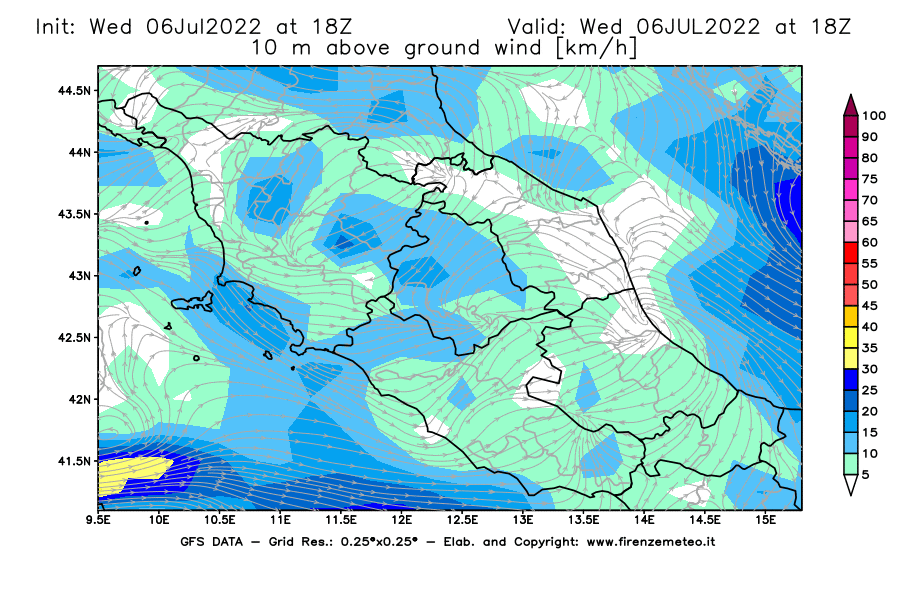 GFS analysi map - Wind Speed at 10 m above ground [km/h] in Central Italy
									on 06/07/2022 18 <!--googleoff: index-->UTC<!--googleon: index-->