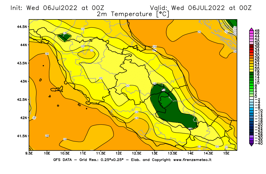 GFS analysi map - Temperature at 2 m above ground [°C] in Central Italy
									on 06/07/2022 00 <!--googleoff: index-->UTC<!--googleon: index-->