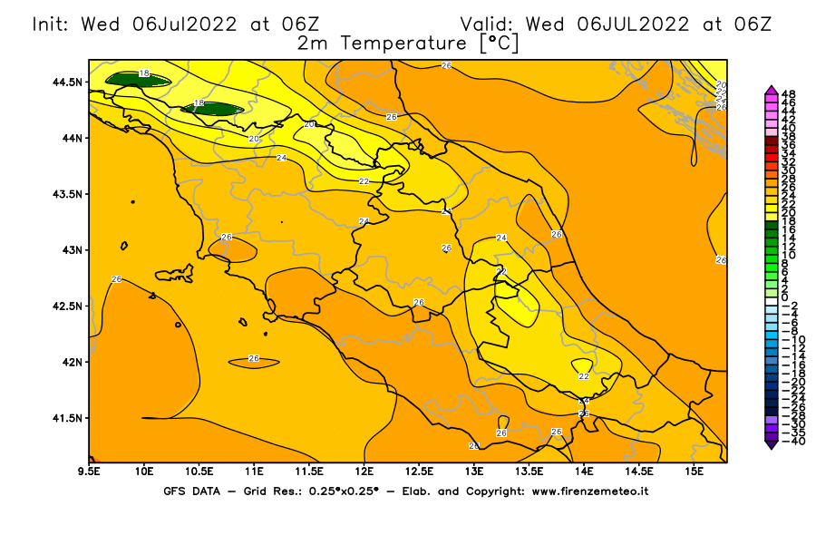 GFS analysi map - Temperature at 2 m above ground [°C] in Central Italy
									on 06/07/2022 06 <!--googleoff: index-->UTC<!--googleon: index-->