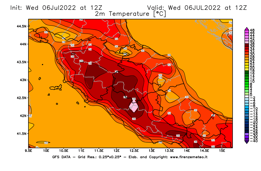 GFS analysi map - Temperature at 2 m above ground [°C] in Central Italy
									on 06/07/2022 12 <!--googleoff: index-->UTC<!--googleon: index-->