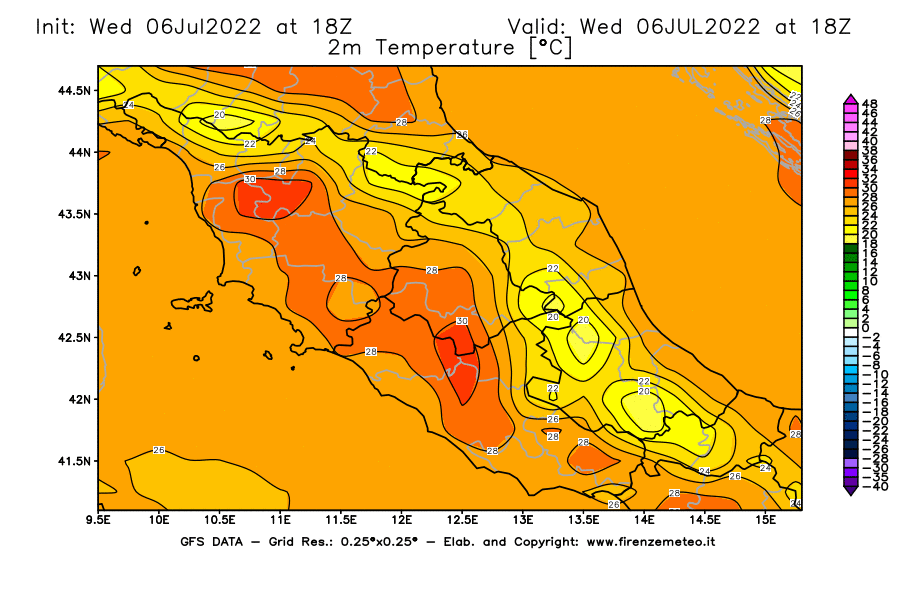 GFS analysi map - Temperature at 2 m above ground [°C] in Central Italy
									on 06/07/2022 18 <!--googleoff: index-->UTC<!--googleon: index-->