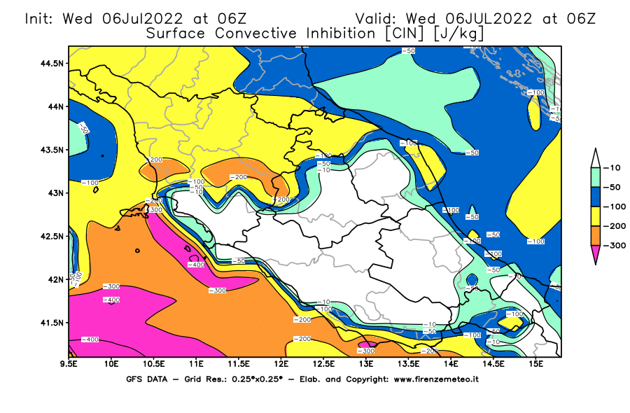 GFS analysi map - CIN [J/kg] in Central Italy
									on 06/07/2022 06 <!--googleoff: index-->UTC<!--googleon: index-->