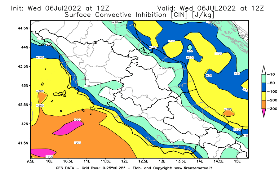 GFS analysi map - CIN [J/kg] in Central Italy
									on 06/07/2022 12 <!--googleoff: index-->UTC<!--googleon: index-->
