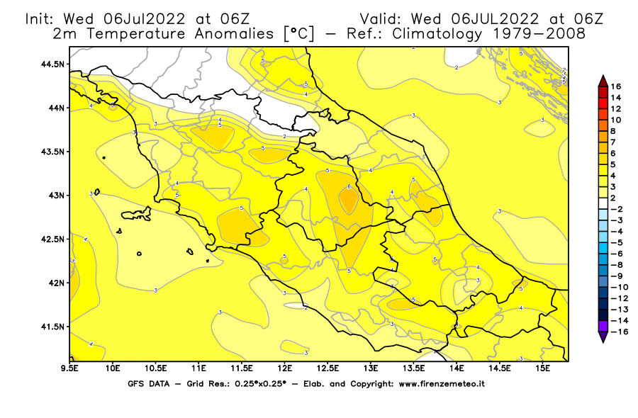 GFS analysi map - Temperature Anomalies [°C] at 2 m in Central Italy
									on 06/07/2022 06 <!--googleoff: index-->UTC<!--googleon: index-->