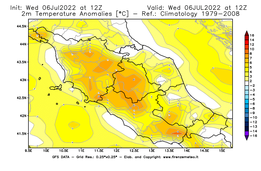 GFS analysi map - Temperature Anomalies [°C] at 2 m in Central Italy
									on 06/07/2022 12 <!--googleoff: index-->UTC<!--googleon: index-->