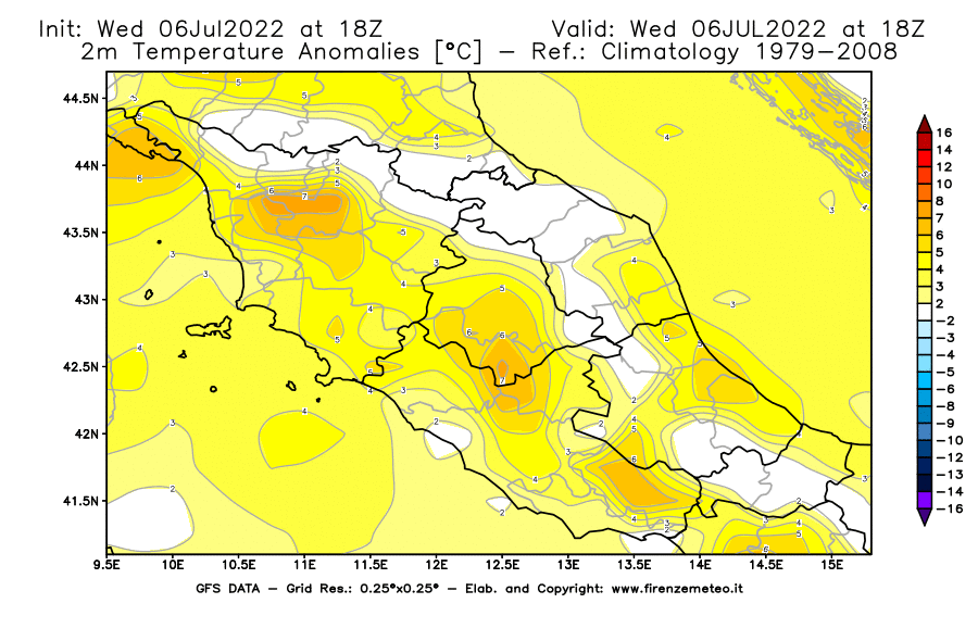 GFS analysi map - Temperature Anomalies [°C] at 2 m in Central Italy
									on 06/07/2022 18 <!--googleoff: index-->UTC<!--googleon: index-->