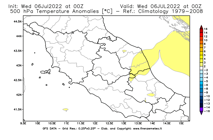 GFS analysi map - Temperature Anomalies [°C] at 500 hPa in Central Italy
									on 06/07/2022 00 <!--googleoff: index-->UTC<!--googleon: index-->