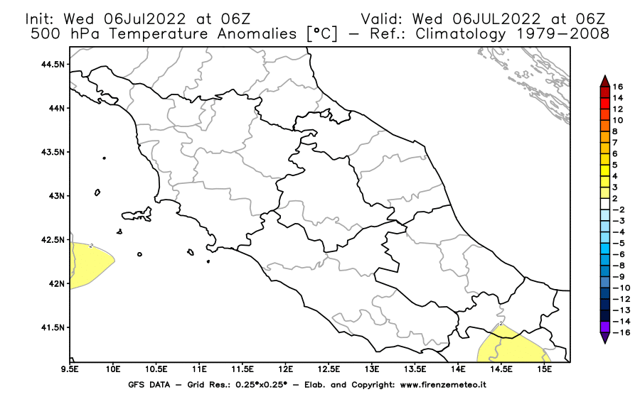 GFS analysi map - Temperature Anomalies [°C] at 500 hPa in Central Italy
									on 06/07/2022 06 <!--googleoff: index-->UTC<!--googleon: index-->