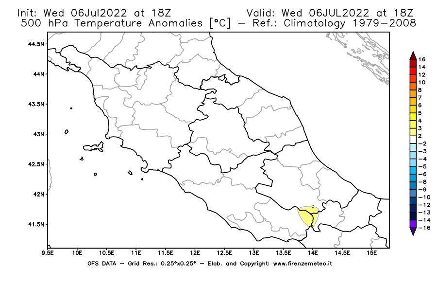 GFS analysi map - Temperature Anomalies [°C] at 500 hPa in Central Italy
									on 06/07/2022 18 <!--googleoff: index-->UTC<!--googleon: index-->