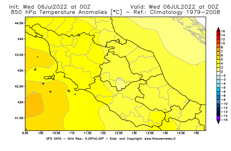 GFS analysi map - Temperature Anomalies [°C] at 850 hPa in Central Italy
									on 06/07/2022 00 <!--googleoff: index-->UTC<!--googleon: index-->