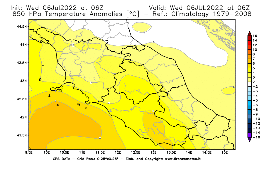 GFS analysi map - Temperature Anomalies [°C] at 850 hPa in Central Italy
									on 06/07/2022 06 <!--googleoff: index-->UTC<!--googleon: index-->