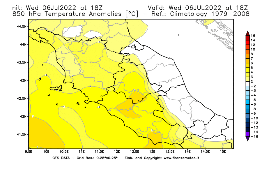 GFS analysi map - Temperature Anomalies [°C] at 850 hPa in Central Italy
									on 06/07/2022 18 <!--googleoff: index-->UTC<!--googleon: index-->