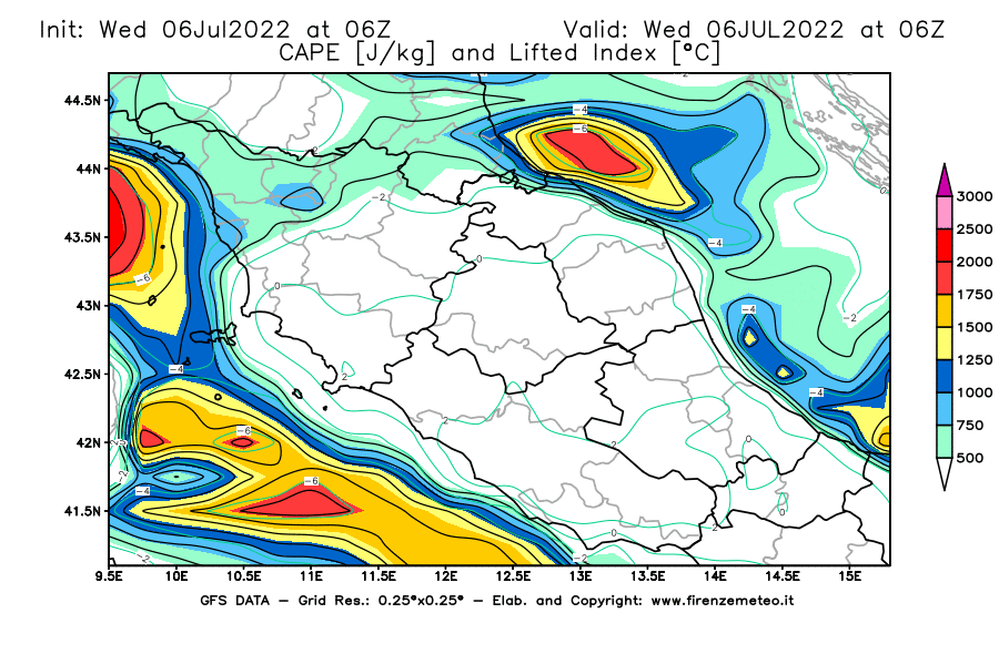 GFS analysi map - CAPE [J/kg] and Lifted Index [°C] in Central Italy
									on 06/07/2022 06 <!--googleoff: index-->UTC<!--googleon: index-->