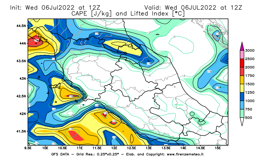 GFS analysi map - CAPE [J/kg] and Lifted Index [°C] in Central Italy
									on 06/07/2022 12 <!--googleoff: index-->UTC<!--googleon: index-->
