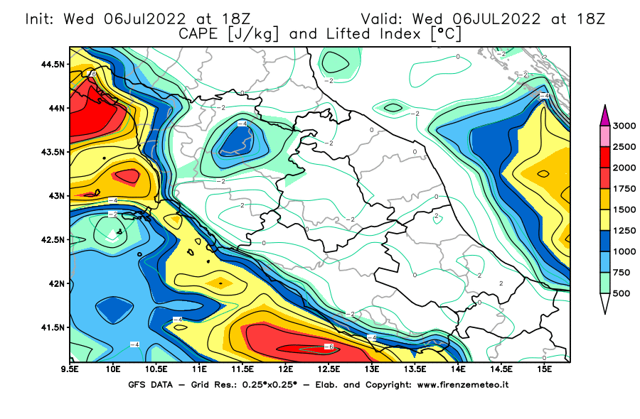 GFS analysi map - CAPE [J/kg] and Lifted Index [°C] in Central Italy
									on 06/07/2022 18 <!--googleoff: index-->UTC<!--googleon: index-->