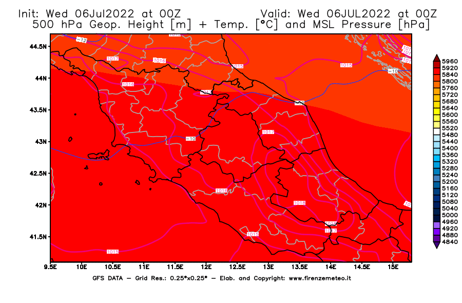 GFS analysi map - Geopotential [m] + Temp. [°C] at 500 hPa + Sea Level Pressure [hPa] in Central Italy
									on 06/07/2022 00 <!--googleoff: index-->UTC<!--googleon: index-->