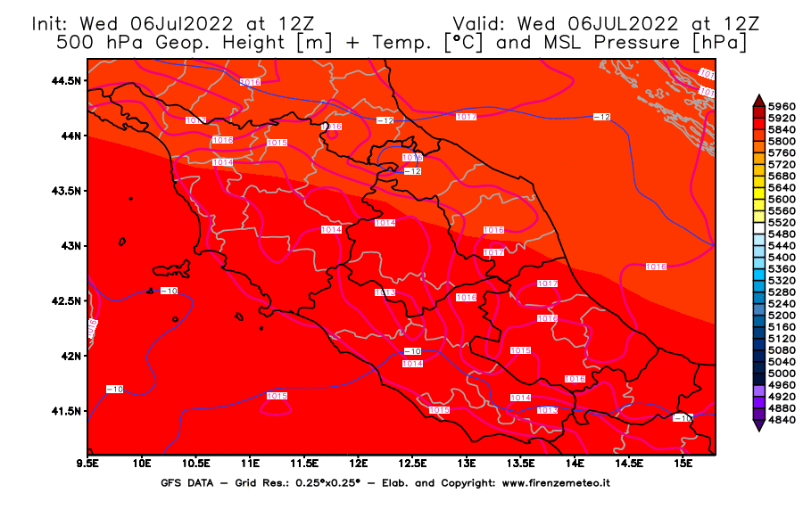 GFS analysi map - Geopotential [m] + Temp. [°C] at 500 hPa + Sea Level Pressure [hPa] in Central Italy
									on 06/07/2022 12 <!--googleoff: index-->UTC<!--googleon: index-->