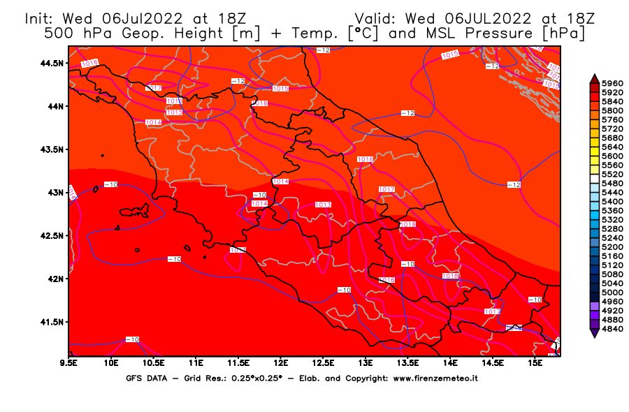 GFS analysi map - Geopotential [m] + Temp. [°C] at 500 hPa + Sea Level Pressure [hPa] in Central Italy
									on 06/07/2022 18 <!--googleoff: index-->UTC<!--googleon: index-->