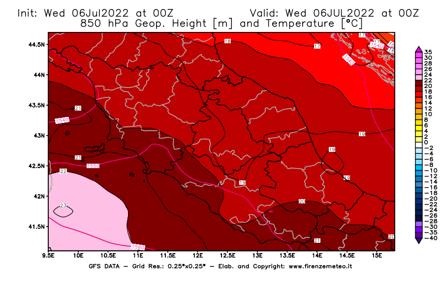 GFS analysi map - Geopotential [m] and Temperature [°C] at 850 hPa in Central Italy
									on 06/07/2022 00 <!--googleoff: index-->UTC<!--googleon: index-->
