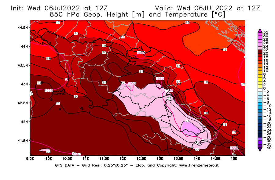 GFS analysi map - Geopotential [m] and Temperature [°C] at 850 hPa in Central Italy
									on 06/07/2022 12 <!--googleoff: index-->UTC<!--googleon: index-->
