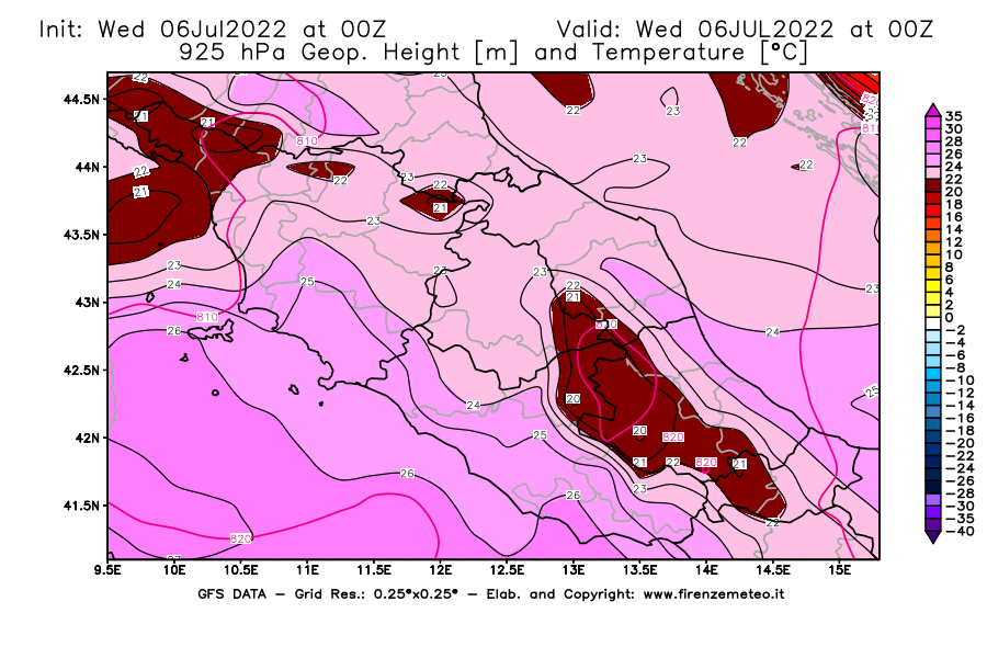 GFS analysi map - Geopotential [m] and Temperature [°C] at 925 hPa in Central Italy
									on 06/07/2022 00 <!--googleoff: index-->UTC<!--googleon: index-->