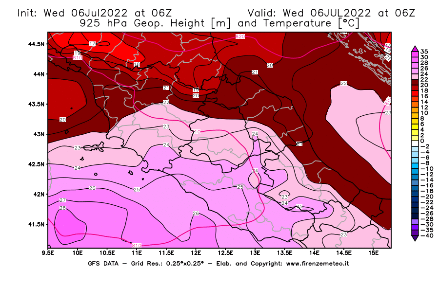 GFS analysi map - Geopotential [m] and Temperature [°C] at 925 hPa in Central Italy
									on 06/07/2022 06 <!--googleoff: index-->UTC<!--googleon: index-->