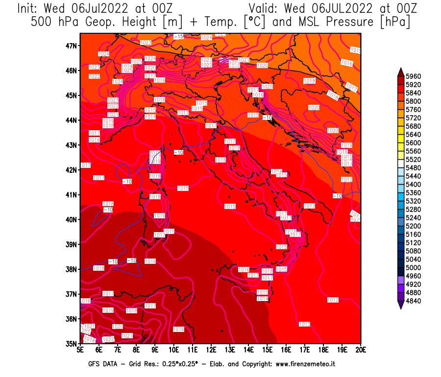 GFS analysi map - Geopotential [m] + Temp. [°C] at 500 hPa + Sea Level Pressure [hPa] in Italy
									on 06/07/2022 00 <!--googleoff: index-->UTC<!--googleon: index-->