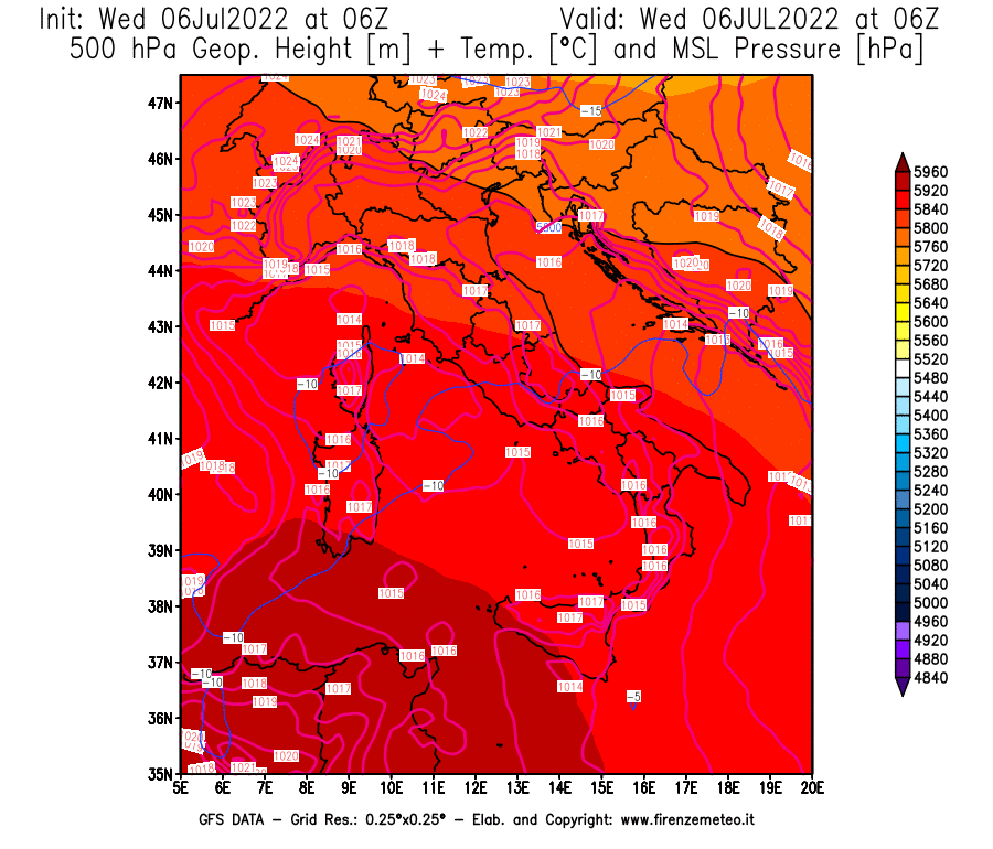 GFS analysi map - Geopotential [m] + Temp. [°C] at 500 hPa + Sea Level Pressure [hPa] in Italy
									on 06/07/2022 06 <!--googleoff: index-->UTC<!--googleon: index-->