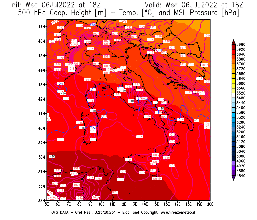 GFS analysi map - Geopotential [m] + Temp. [°C] at 500 hPa + Sea Level Pressure [hPa] in Italy
									on 06/07/2022 18 <!--googleoff: index-->UTC<!--googleon: index-->