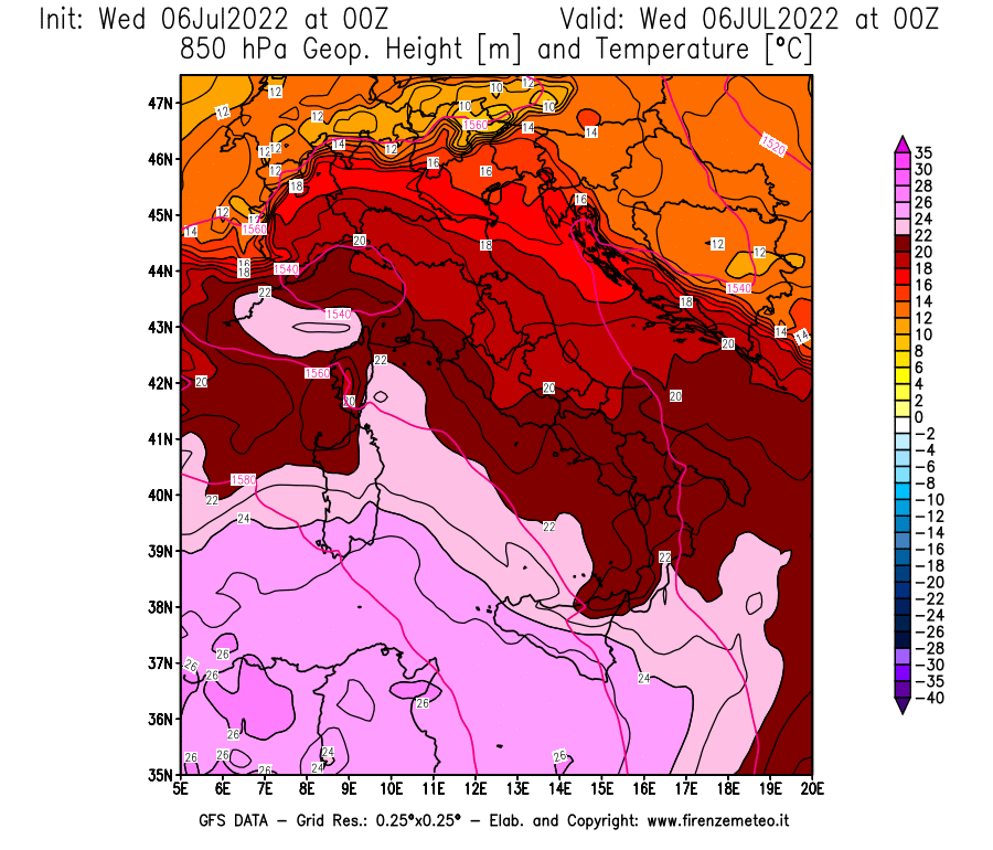 GFS analysi map - Geopotential [m] and Temperature [°C] at 850 hPa in Italy
									on 06/07/2022 00 <!--googleoff: index-->UTC<!--googleon: index-->