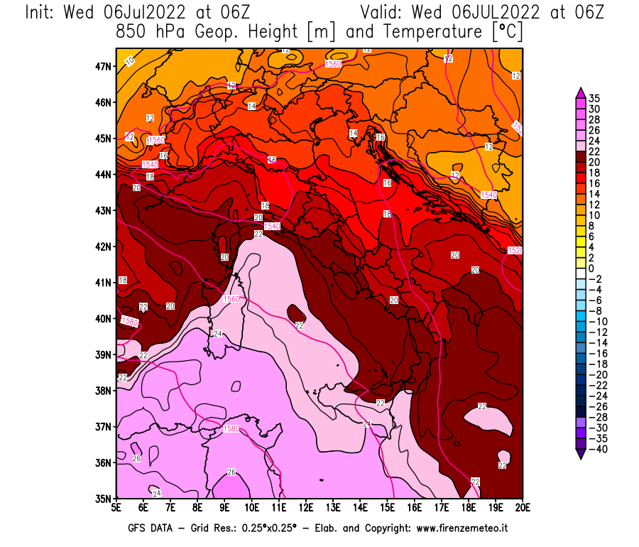 GFS analysi map - Geopotential [m] and Temperature [°C] at 850 hPa in Italy
									on 06/07/2022 06 <!--googleoff: index-->UTC<!--googleon: index-->