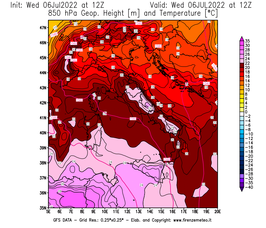GFS analysi map - Geopotential [m] and Temperature [°C] at 850 hPa in Italy
									on 06/07/2022 12 <!--googleoff: index-->UTC<!--googleon: index-->