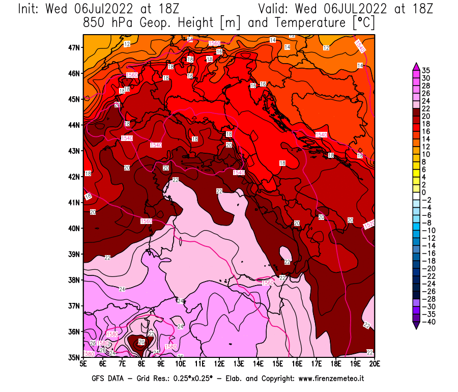 GFS analysi map - Geopotential [m] and Temperature [°C] at 850 hPa in Italy
									on 06/07/2022 18 <!--googleoff: index-->UTC<!--googleon: index-->