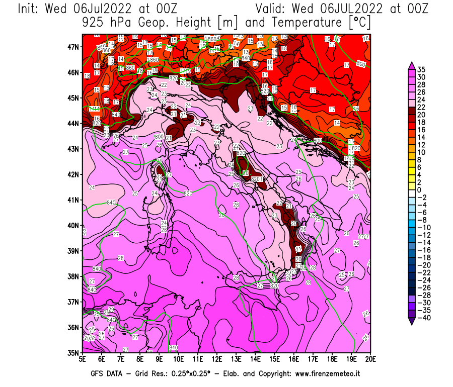 GFS analysi map - Geopotential [m] and Temperature [°C] at 925 hPa in Italy
									on 06/07/2022 00 <!--googleoff: index-->UTC<!--googleon: index-->