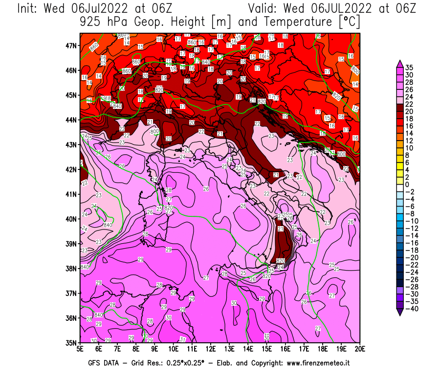 GFS analysi map - Geopotential [m] and Temperature [°C] at 925 hPa in Italy
									on 06/07/2022 06 <!--googleoff: index-->UTC<!--googleon: index-->