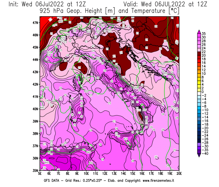 GFS analysi map - Geopotential [m] and Temperature [°C] at 925 hPa in Italy
									on 06/07/2022 12 <!--googleoff: index-->UTC<!--googleon: index-->