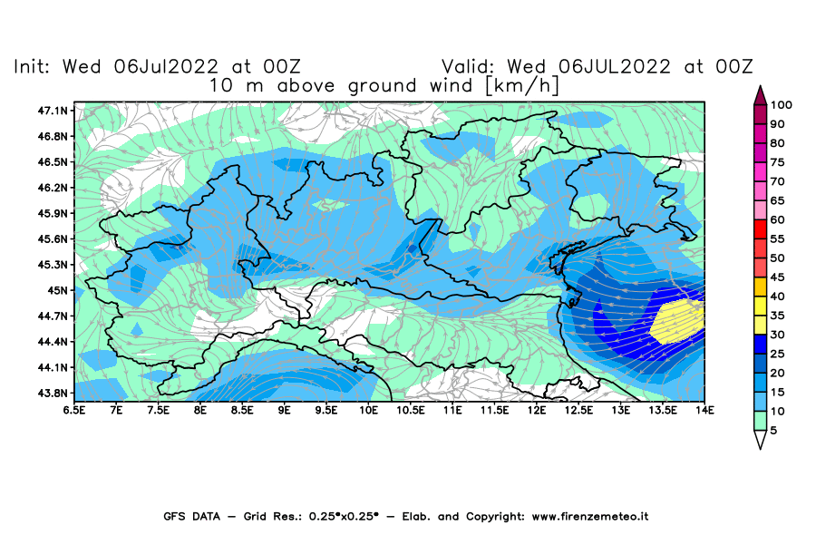 GFS analysi map - Wind Speed at 10 m above ground [km/h] in Northern Italy
									on 06/07/2022 00 <!--googleoff: index-->UTC<!--googleon: index-->