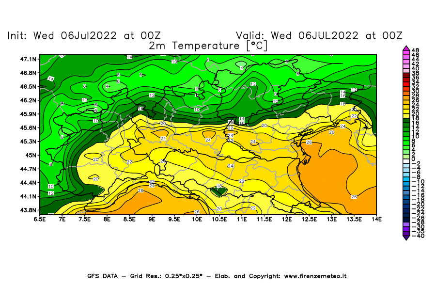 GFS analysi map - Temperature at 2 m above ground [°C] in Northern Italy
									on 06/07/2022 00 <!--googleoff: index-->UTC<!--googleon: index-->