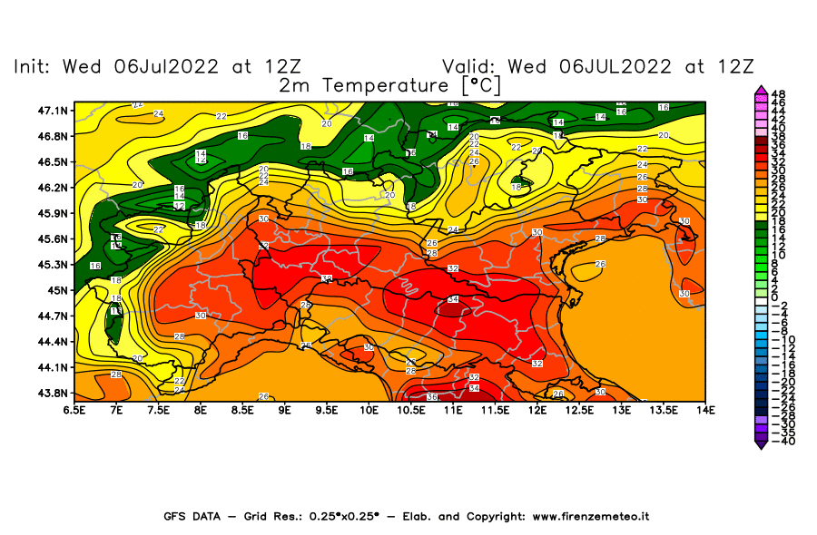 GFS analysi map - Temperature at 2 m above ground [°C] in Northern Italy
									on 06/07/2022 12 <!--googleoff: index-->UTC<!--googleon: index-->